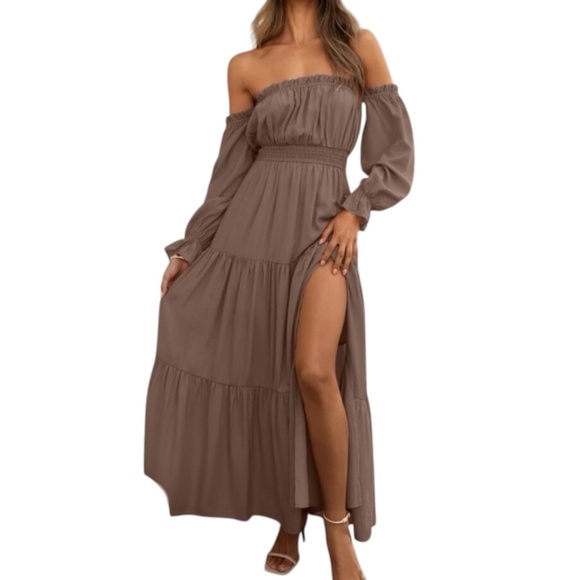Off Shoulder Long Sleeve Smocked Waist Maxi Dress - Picture 2 of 10
